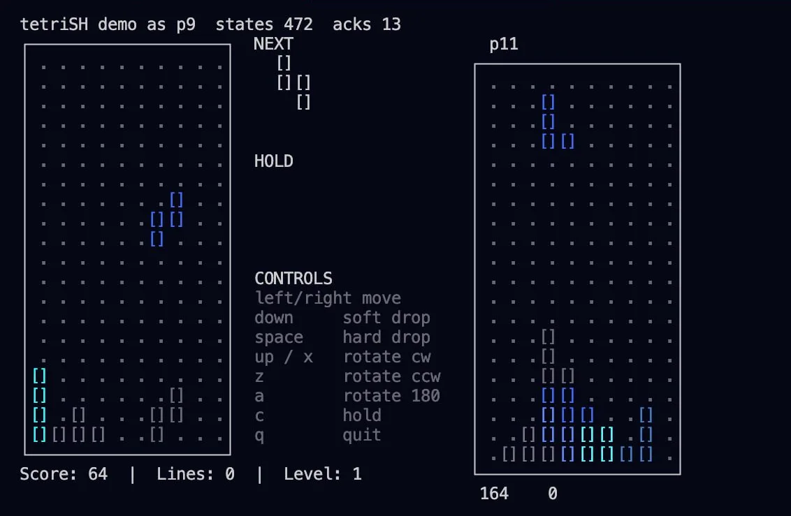 TetriSH: ncurses client showing a two-player battle royale board, next and hold queues, and the controls list